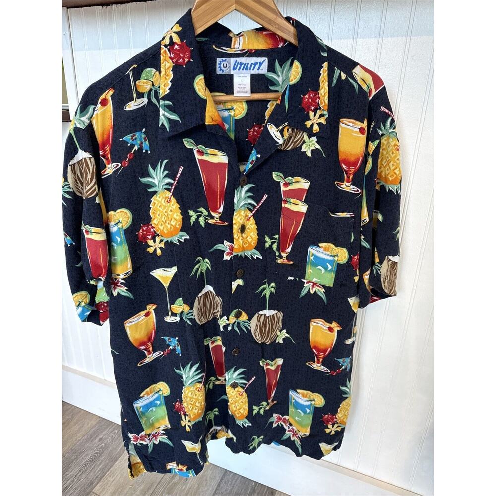Utility Mens Hawaiian Shirt Button Front Short Sleeve Size L